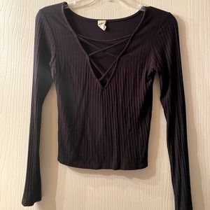 Black Long Sleeve Crossed V Neck